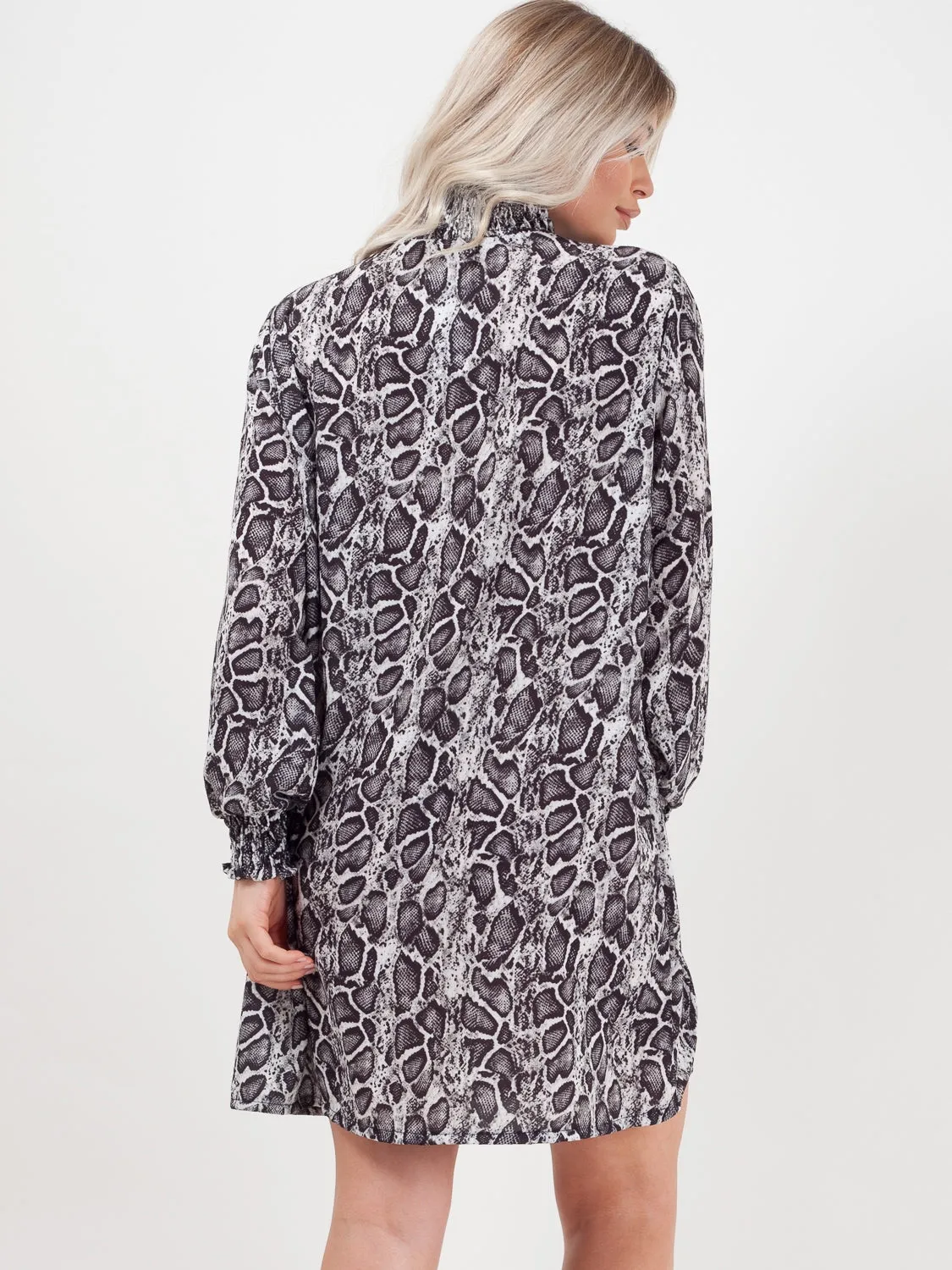 Shirred High Neck Snake Print Shift Dress