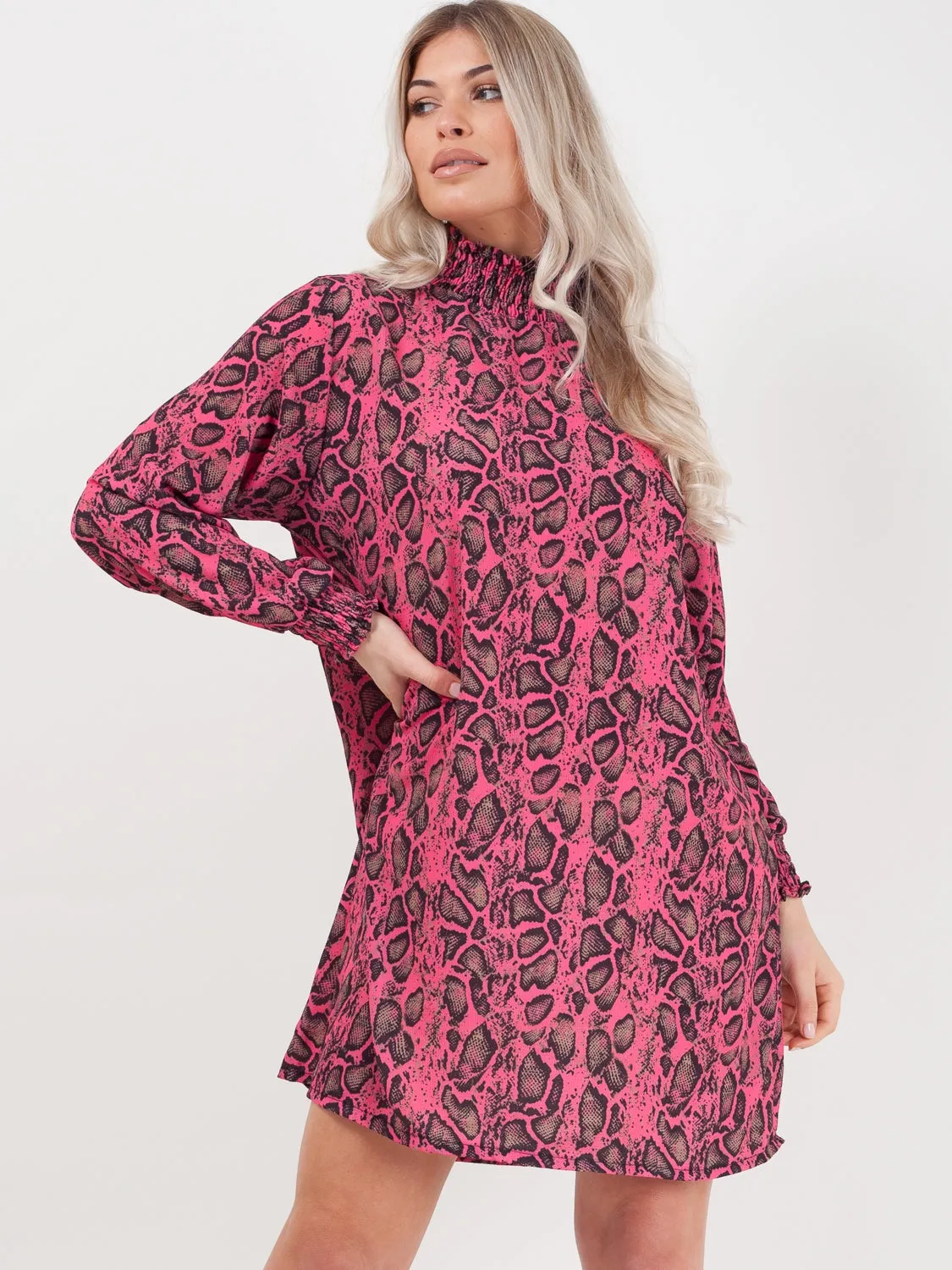 Shirred High Neck Snake Print Shift Dress