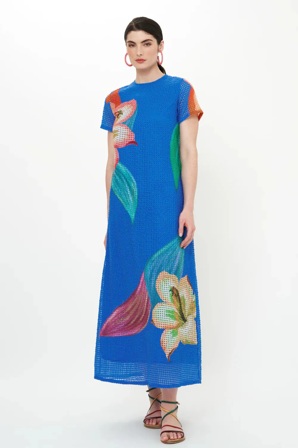 Short Sleeve Shift Maxi Dress - Hibiscus Blue