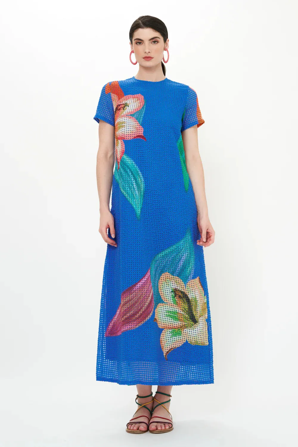 Short Sleeve Shift Maxi Dress - Hibiscus Blue