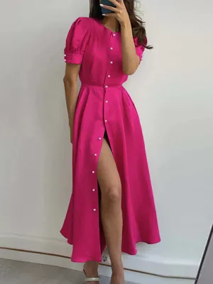 Single Breasted Mid-Length Dress with Sexy Slit and Puff Sleeves