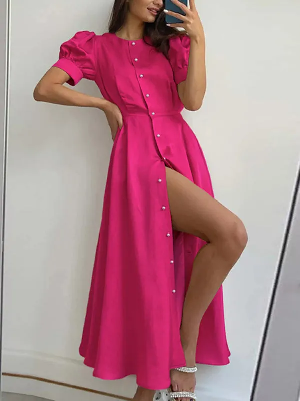 Single Breasted Mid-Length Dress with Sexy Slit and Puff Sleeves