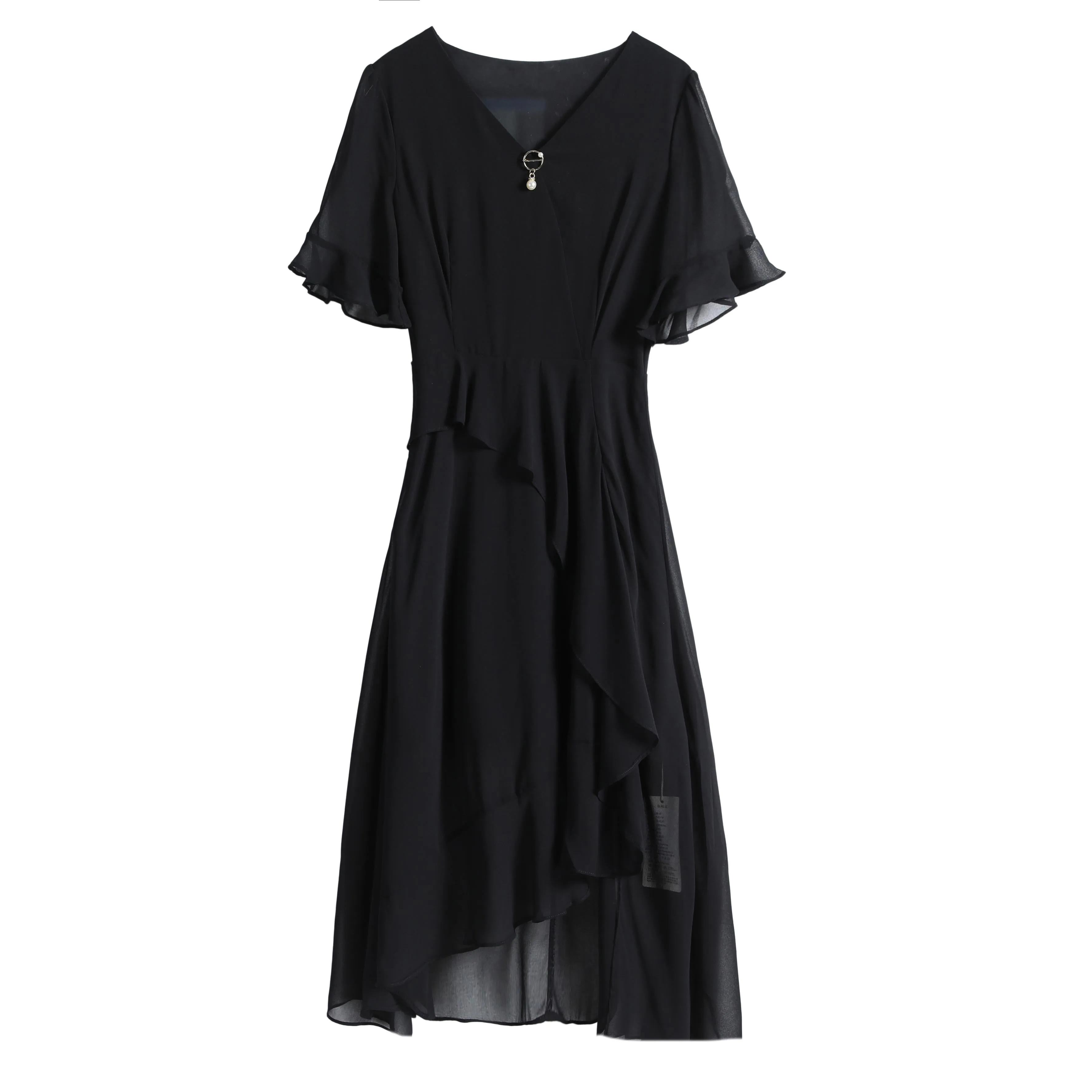 Solid Color Mid-Length Tulle Dress in Chiffon with V-Neck