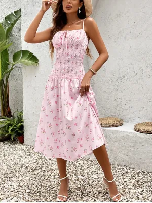 Spaghetti Straps Front Tie Up Floral Dress