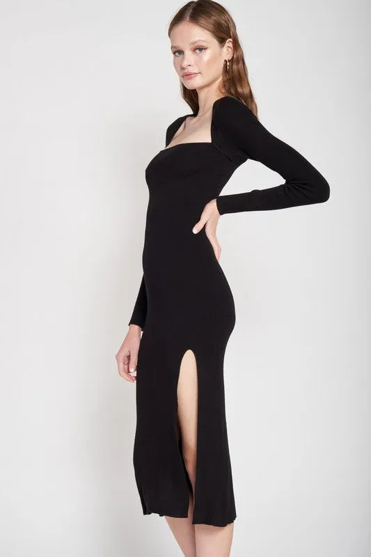 Sqaure Neck Midi Dress With Slit