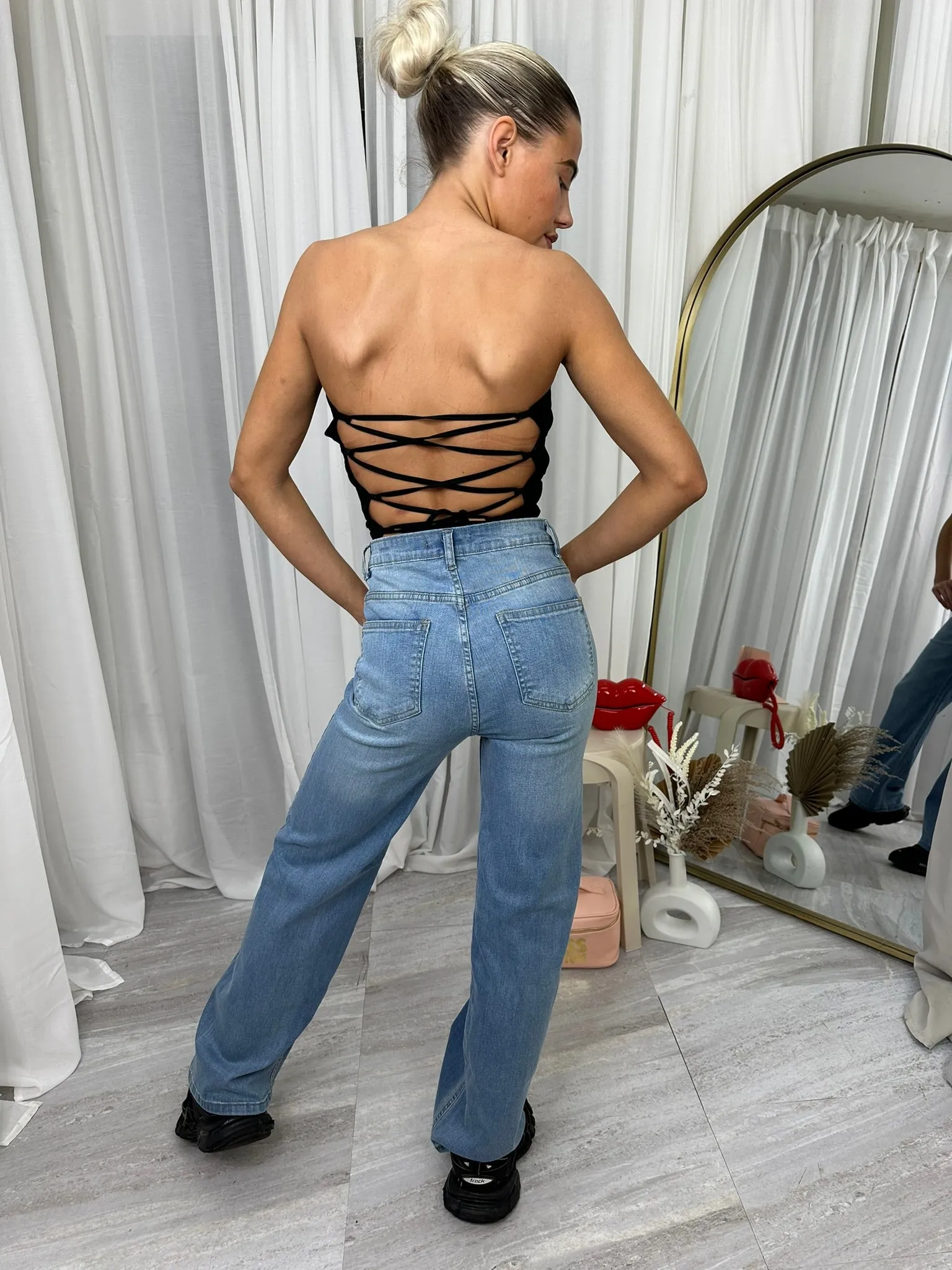 Straight leg dipped button viral denim blue jeans