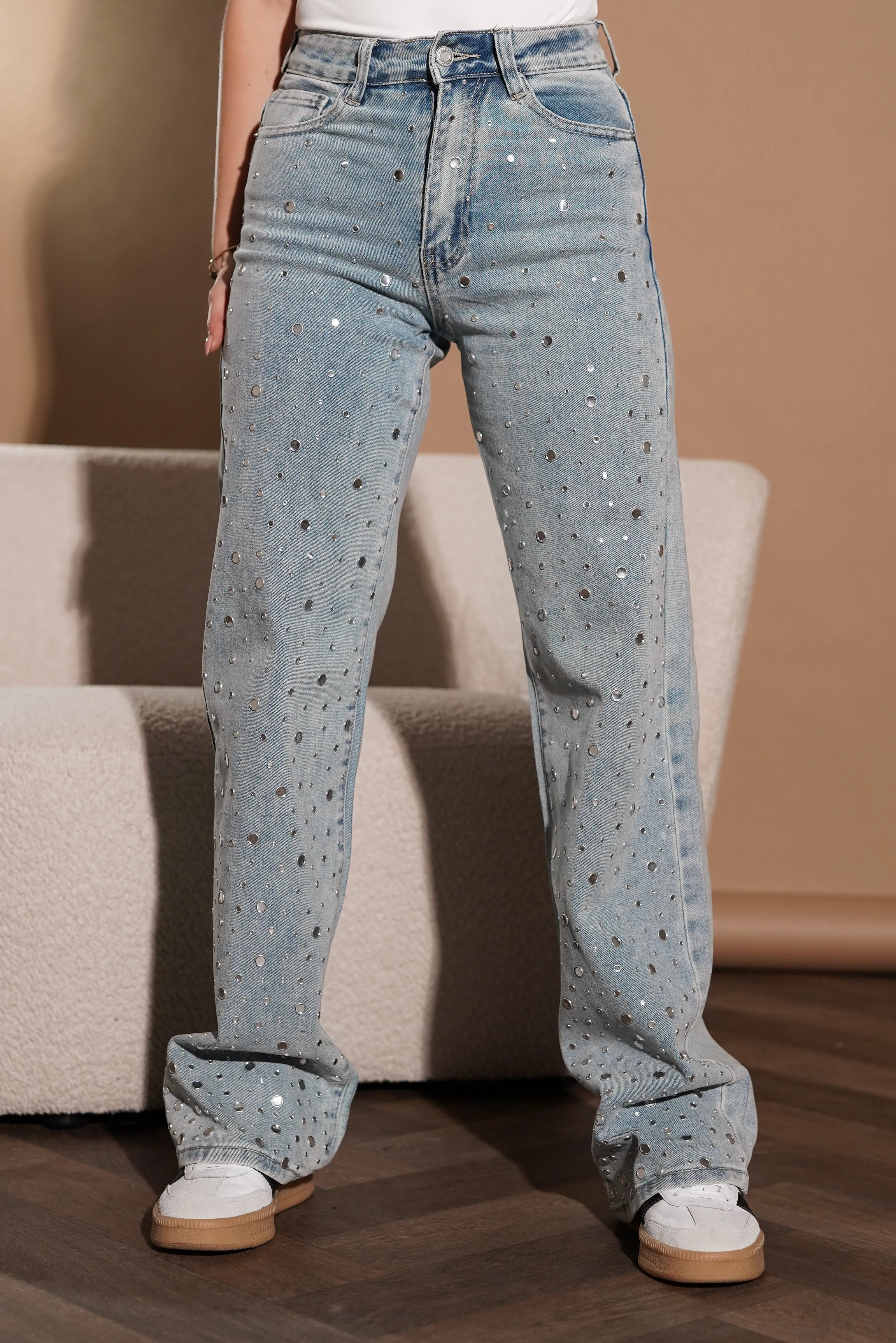 Straight leg jeans met studs blauw - Elena