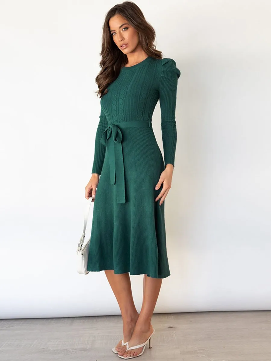 Stunncal Bubble Sleeve Belt Knit Dress (5 colors)