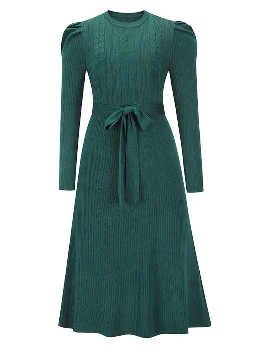 Stunncal Bubble Sleeve Belt Knit Dress (5 colors)