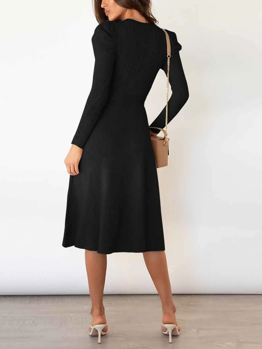 Stunncal Bubble Sleeve Belt Knit Dress (5 colors)