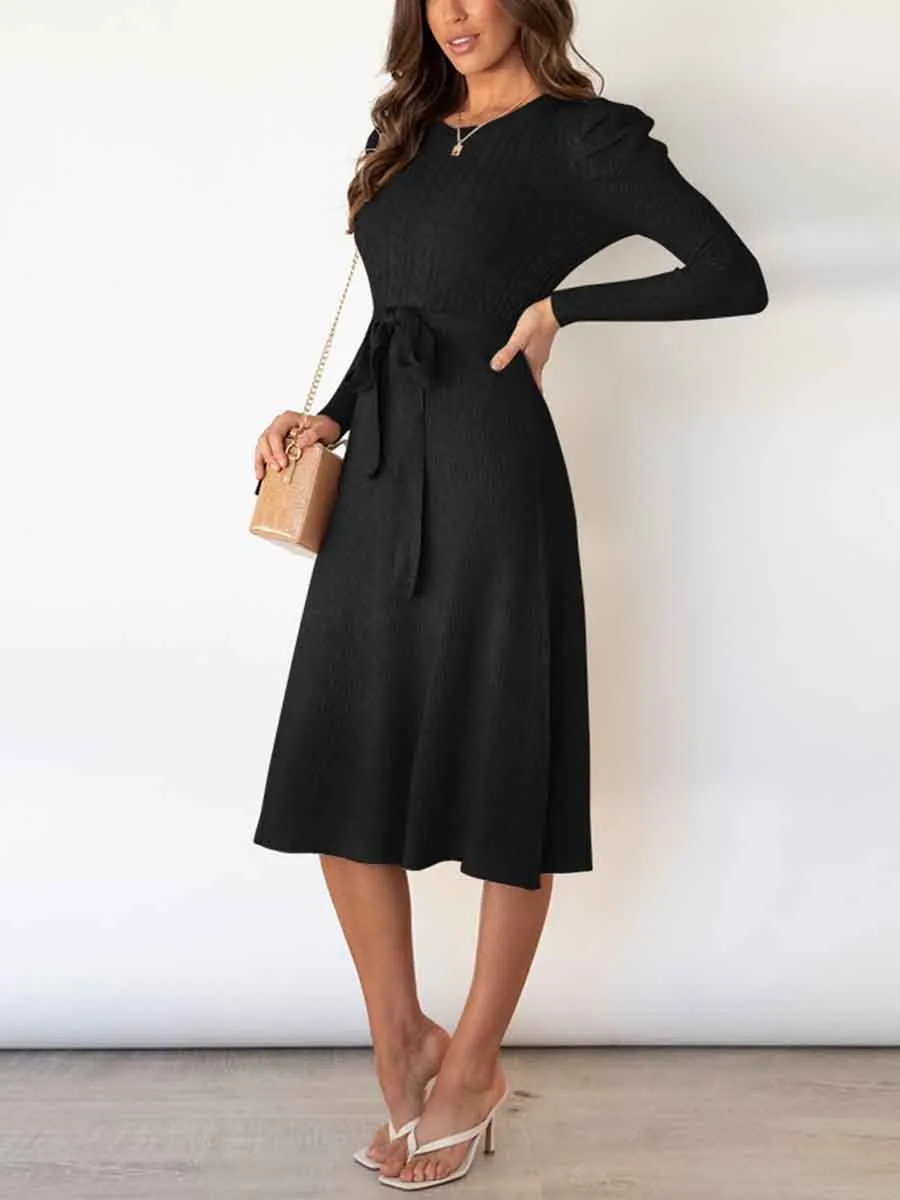 Stunncal Bubble Sleeve Belt Knit Dress (5 colors)