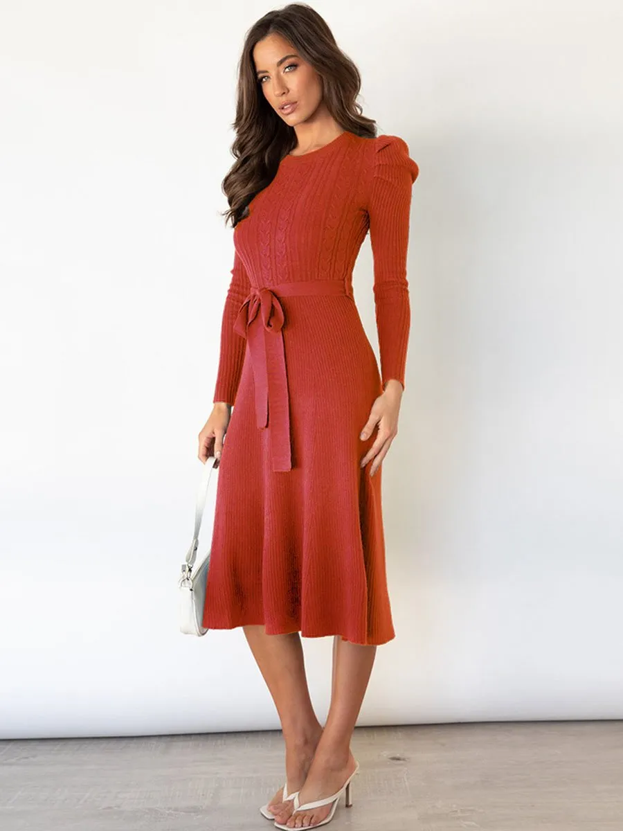 Stunncal Bubble Sleeve Belt Knit Dress (5 colors)