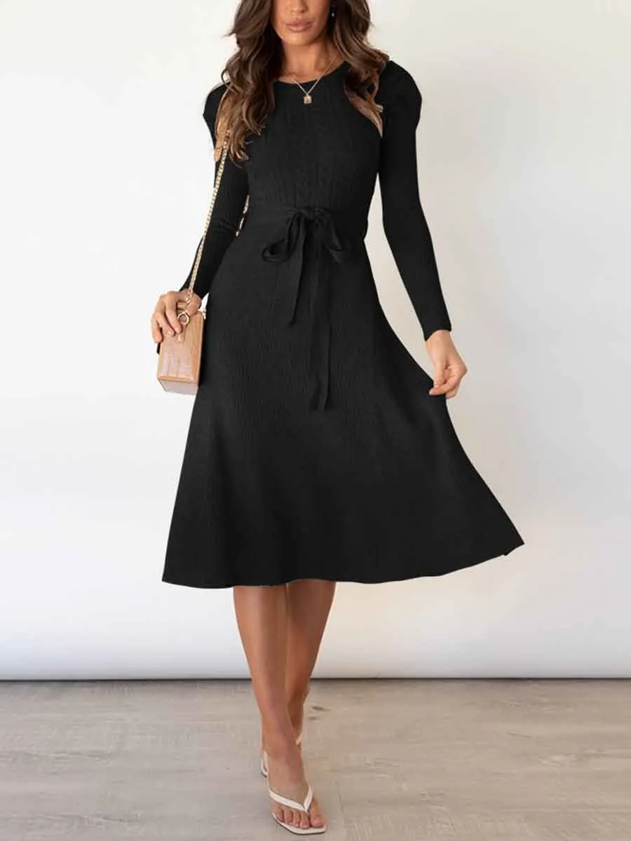 Stunncal Bubble Sleeve Belt Knit Dress (5 colors)