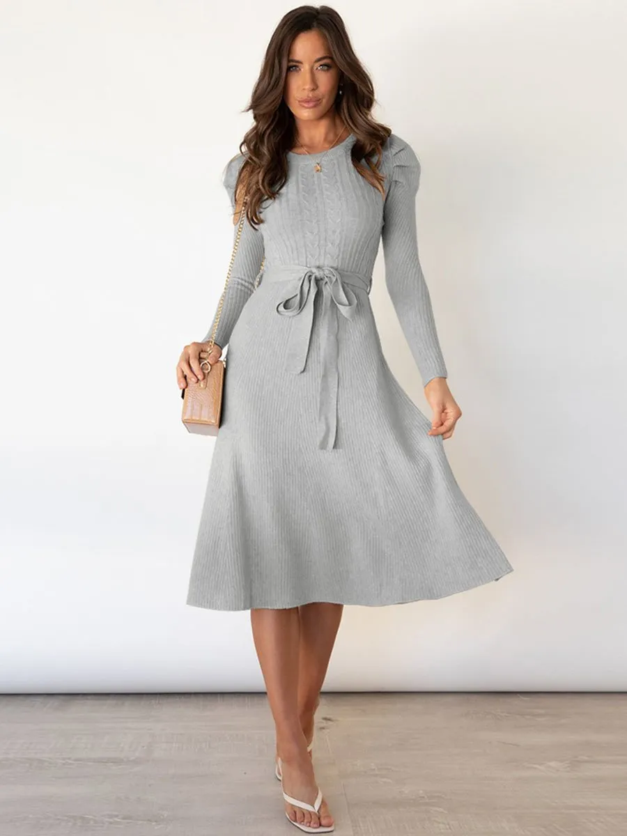 Stunncal Bubble Sleeve Belt Knit Dress (5 colors)