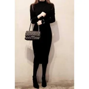 Stylish Turtleneck Long Sleeve Solid Color Sweater Dress For Women - Black One Size(fit Size Xs To M)