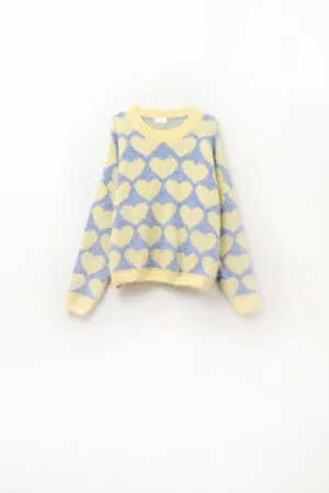 Super Soft Oversized blue Sweater With yellow Hearts
