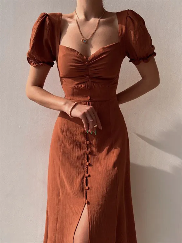 Sweetheart Neck Mid-Length Dress with Puff Sleeves and Button-Front