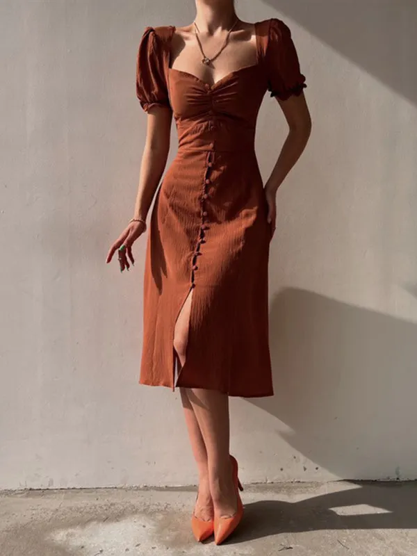 Sweetheart Neck Mid-Length Dress with Puff Sleeves and Button-Front