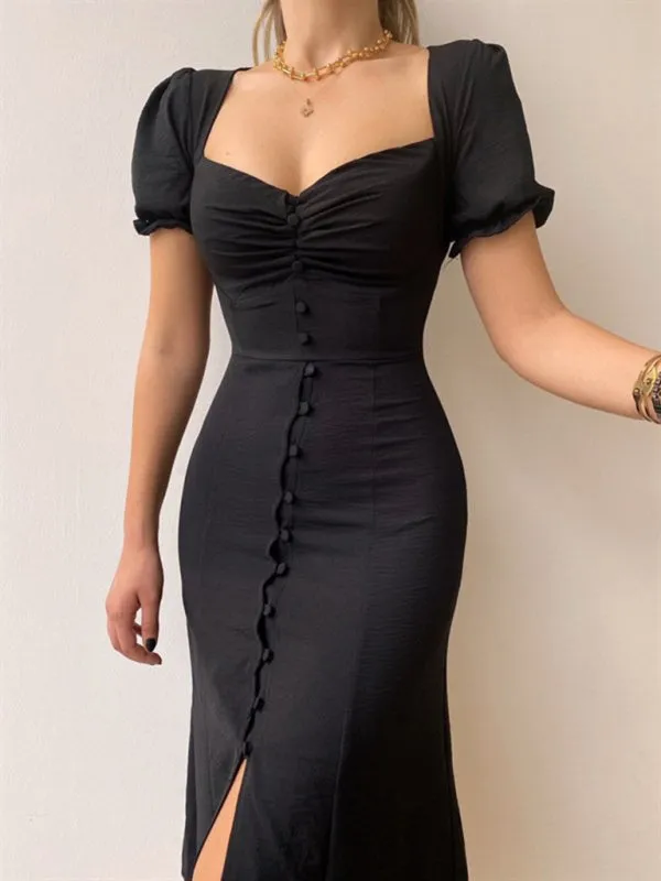 Sweetheart Neck Mid-Length Dress with Puff Sleeves and Button-Front