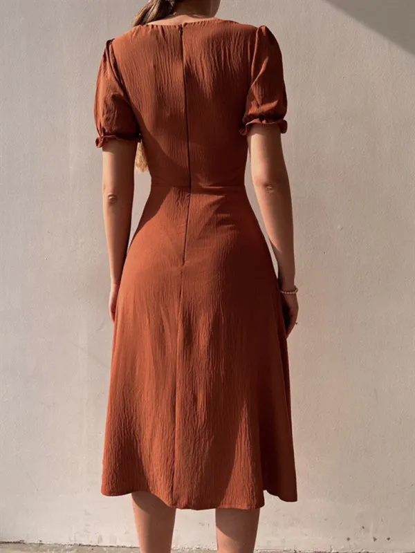 Sweetheart Neck Mid-Length Dress with Puff Sleeves and Button-Front