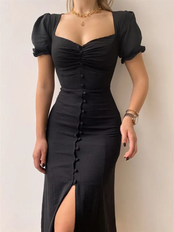 Sweetheart Neck Mid-Length Dress with Puff Sleeves and Button-Front