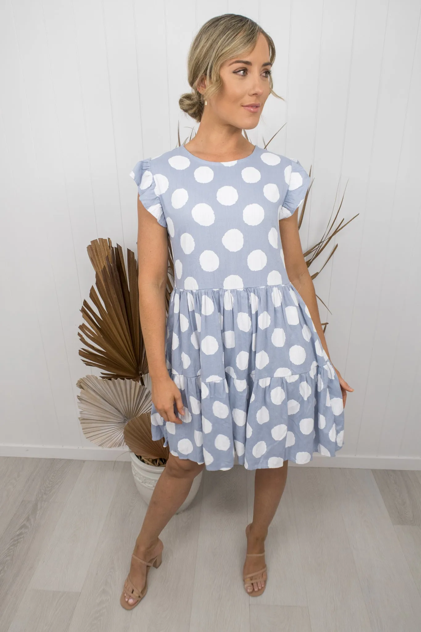Taylor Dress -Denim blue/white polka dot