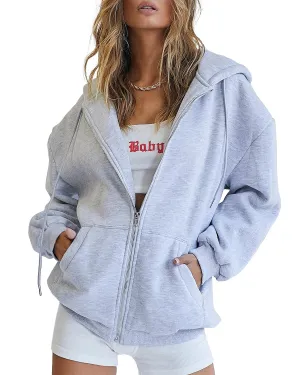 Trendy Queen Womens Zip Up Hoodies Oversized Sweatshirts Fall Fashion Outfits Sweaters Casual Jackets 2024 Winter Clothes Grey