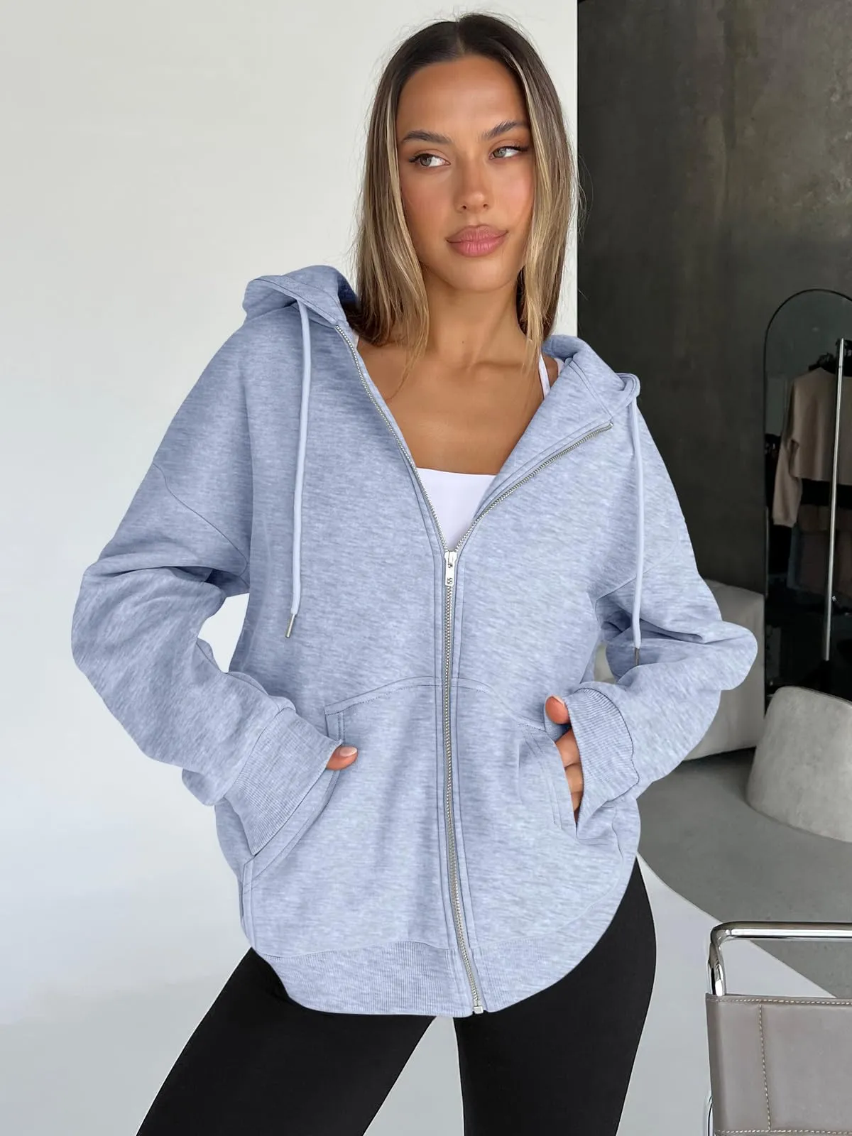 Trendy Queen Womens Zip Up Hoodies Oversized Sweatshirts Fall Fashion Outfits Sweaters Casual Jackets 2024 Winter Clothes Grey