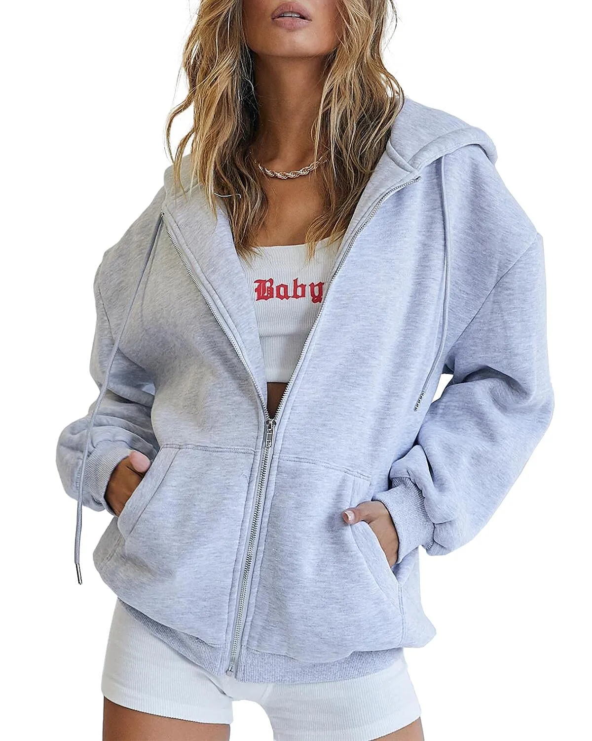Trendy Queen Womens Zip Up Hoodies Oversized Sweatshirts Fall Fashion Outfits Sweaters Casual Jackets 2024 Winter Clothes Grey
