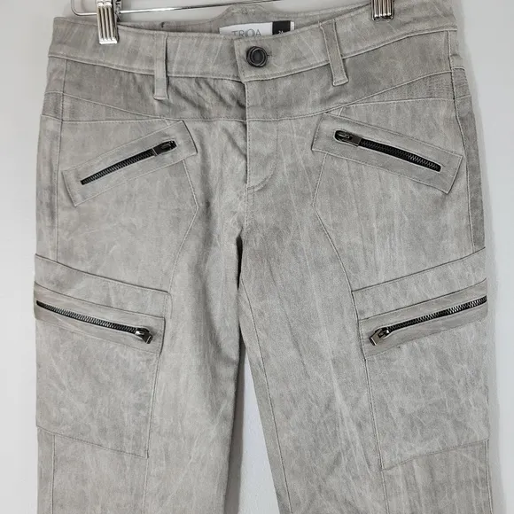 TROA NEW YORK Crosby Cigarette mid rise silver cargo zip skinny moto jeans