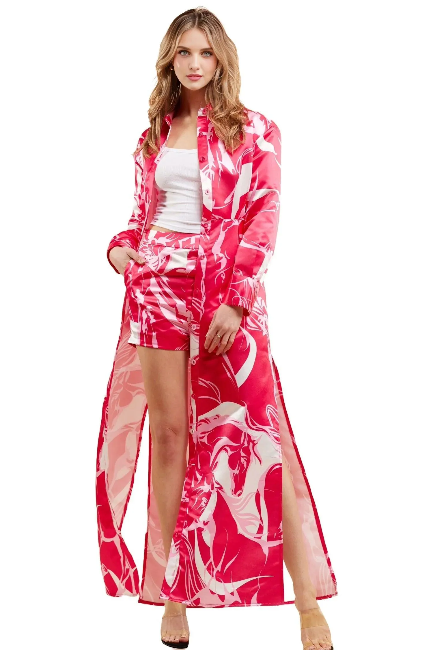 TWO PIECE SATIN LONG MAXI DRESS WITH SHORTS