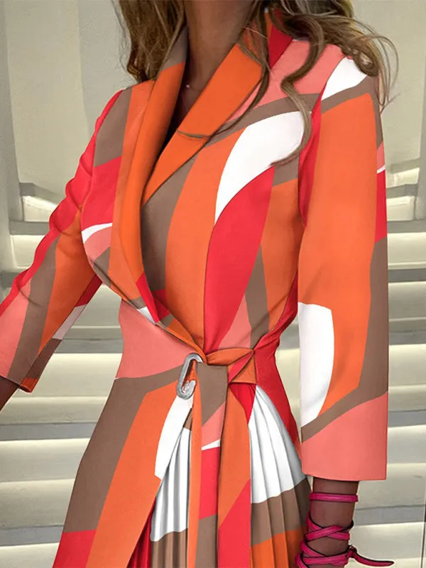 V-neck Blazer Dress with Tie Waist and Pleated Skirt