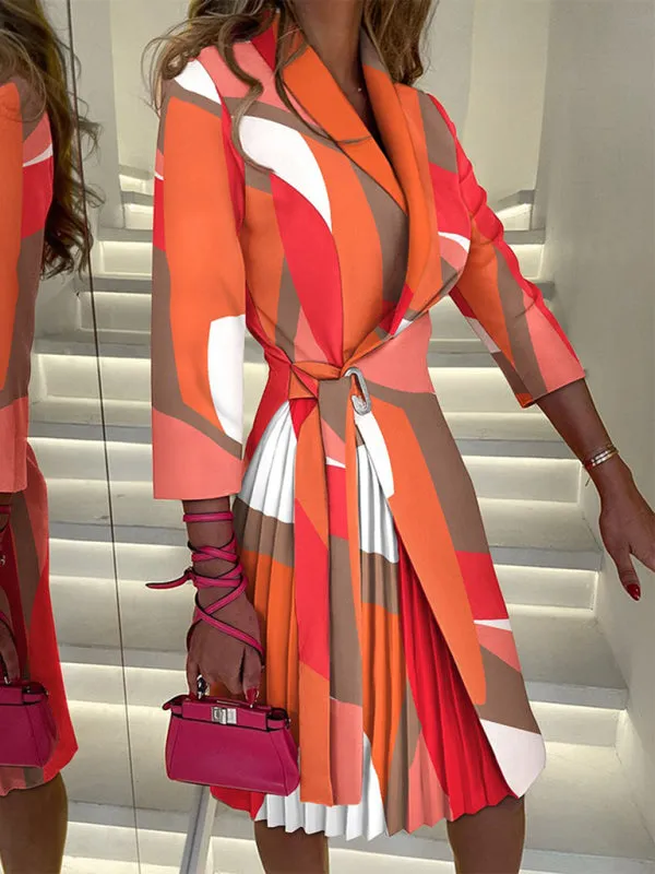 V-neck Blazer Dress with Tie Waist and Pleated Skirt