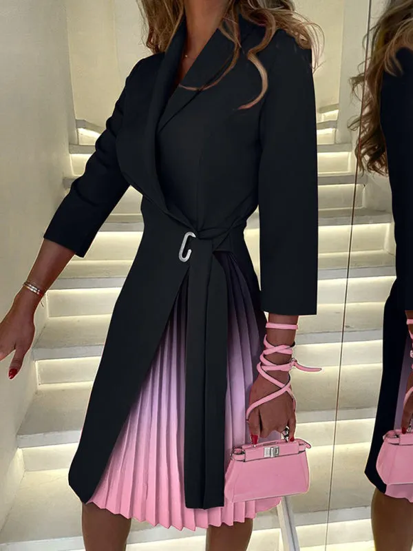 V-neck Blazer Dress with Tie Waist and Pleated Skirt