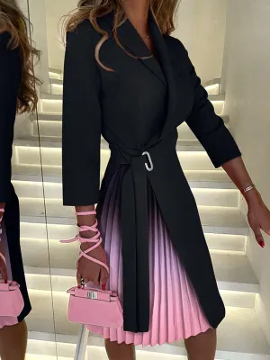 V-neck Blazer Dress with Tie Waist and Pleated Skirt
