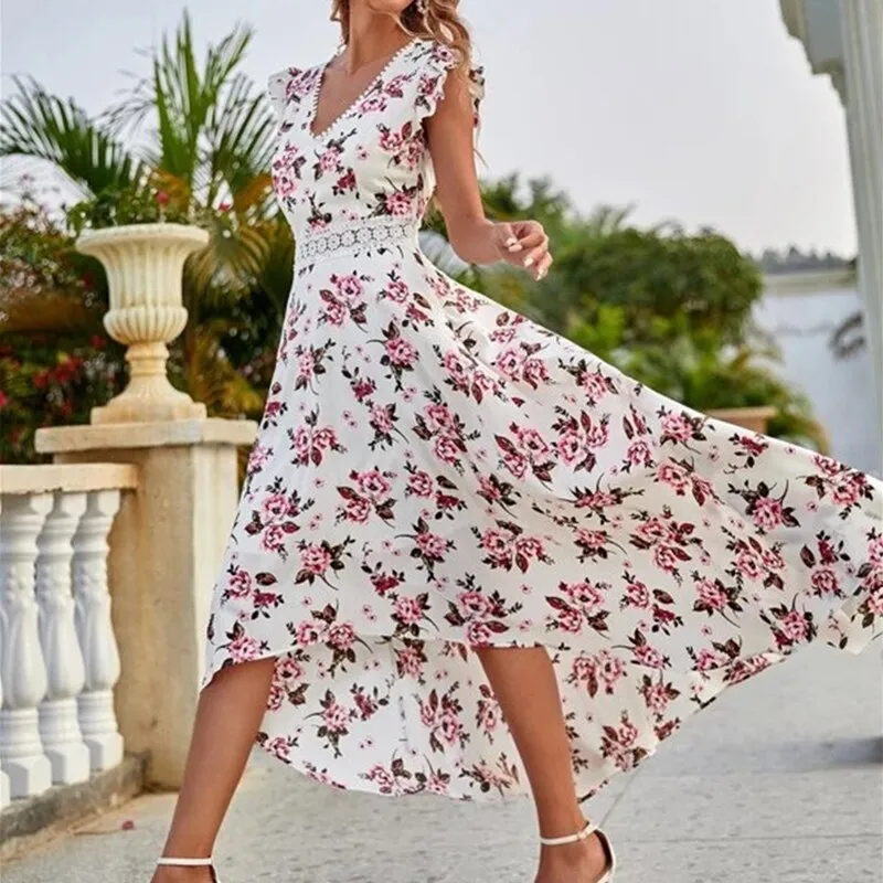 V-Neck Mid Waist Loose Dress Floral Print Midi Dress Spring Summer