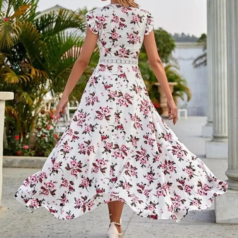 V-Neck Mid Waist Loose Dress Floral Print Midi Dress Spring Summer