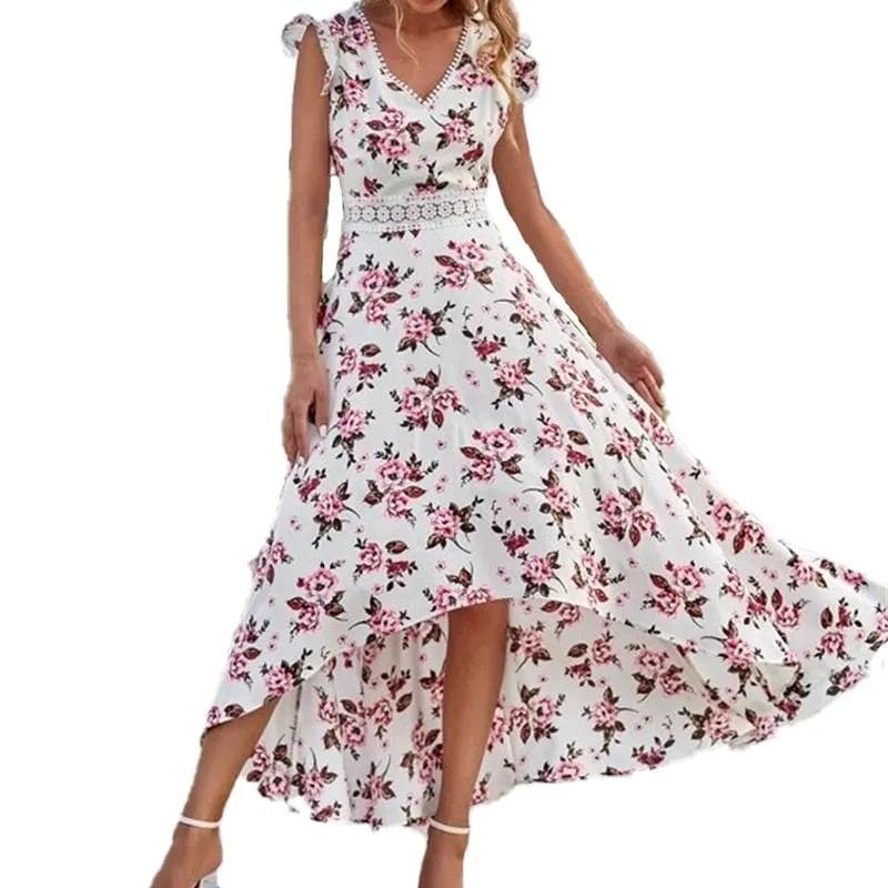 V-Neck Mid Waist Loose Dress Floral Print Midi Dress Spring Summer