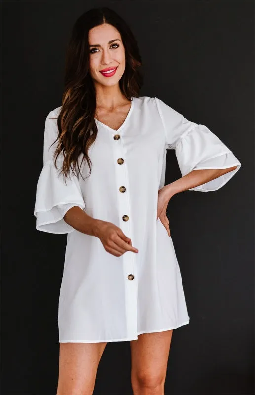 V-Neck Shift Dress with Button-Down Front and Flare Sleeves