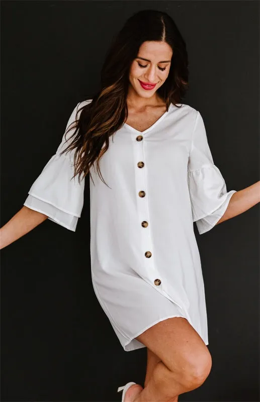 V-Neck Shift Dress with Button-Down Front and Flare Sleeves