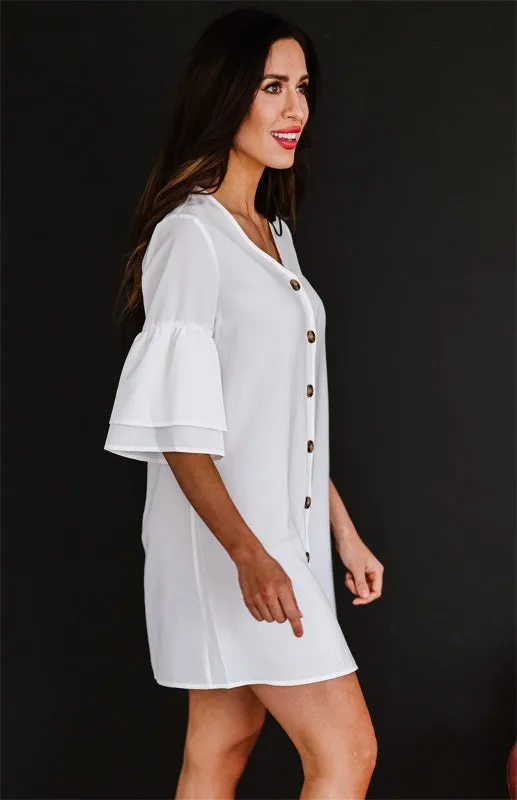 V-Neck Shift Dress with Button-Down Front and Flare Sleeves