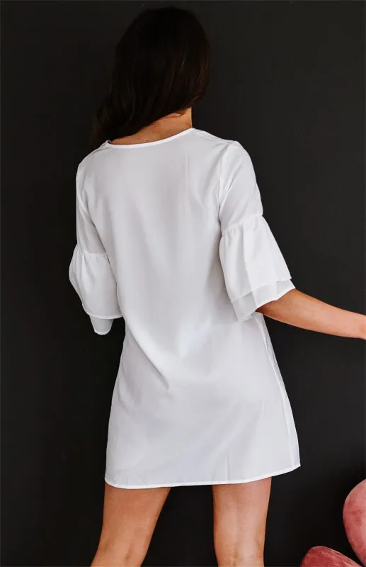 V-Neck Shift Dress with Button-Down Front and Flare Sleeves
