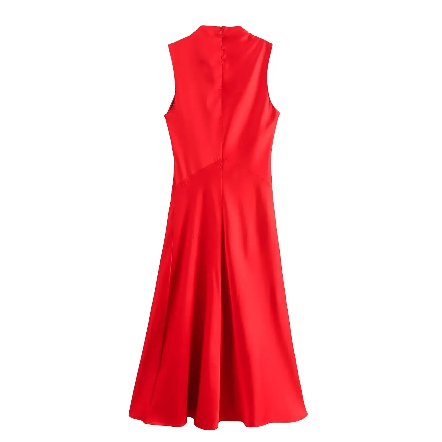 Versatile Red Crew Neck Satin Dress