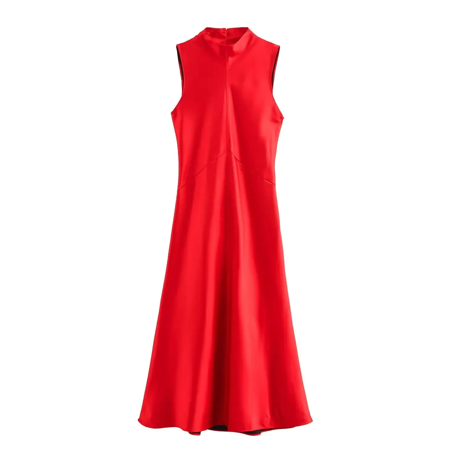 Versatile Red Crew Neck Satin Dress