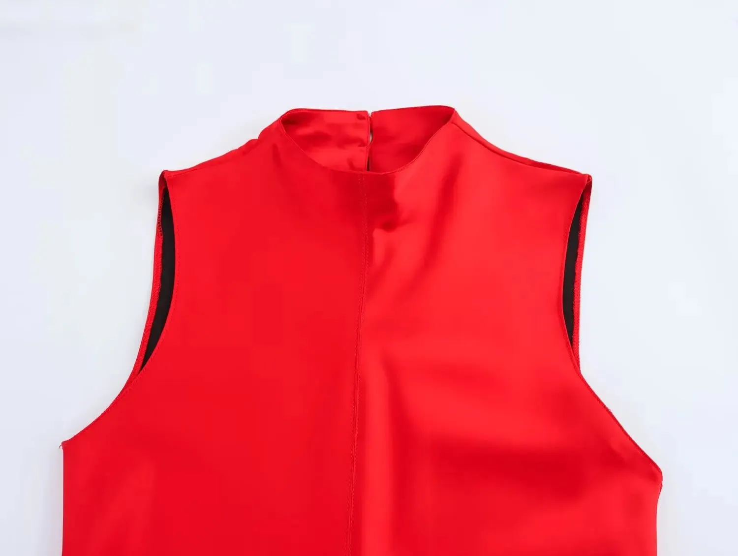 Versatile Red Crew Neck Satin Dress