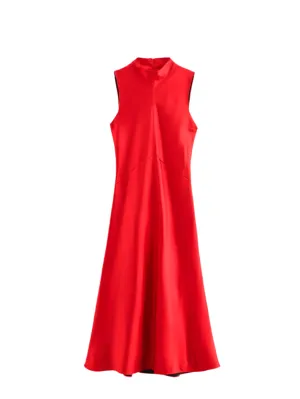 Versatile Red Crew Neck Satin Dress