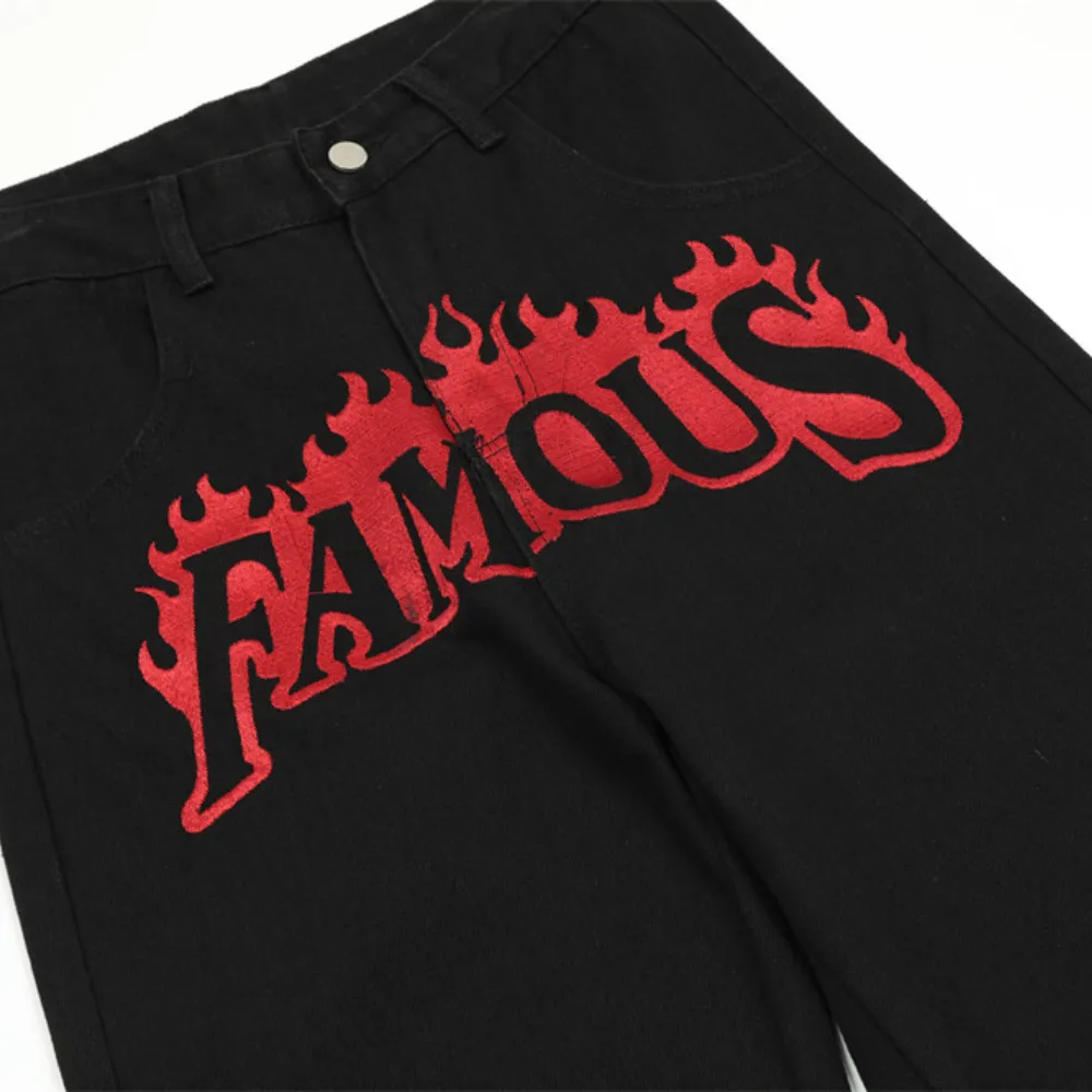 Vintage Flame Embroidery Straight Leg Jeans