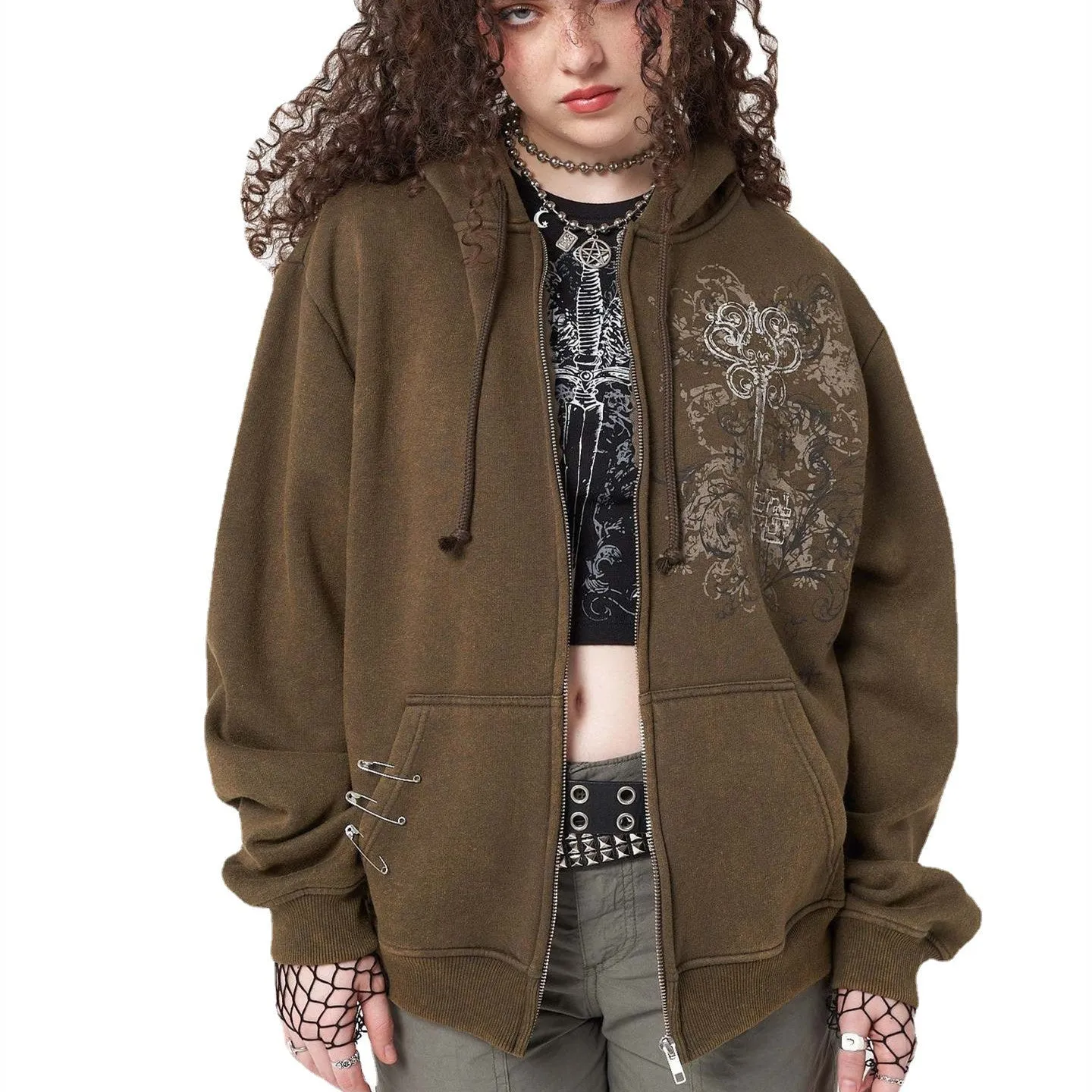 Vintage Totem Print Zip Up Hoodie