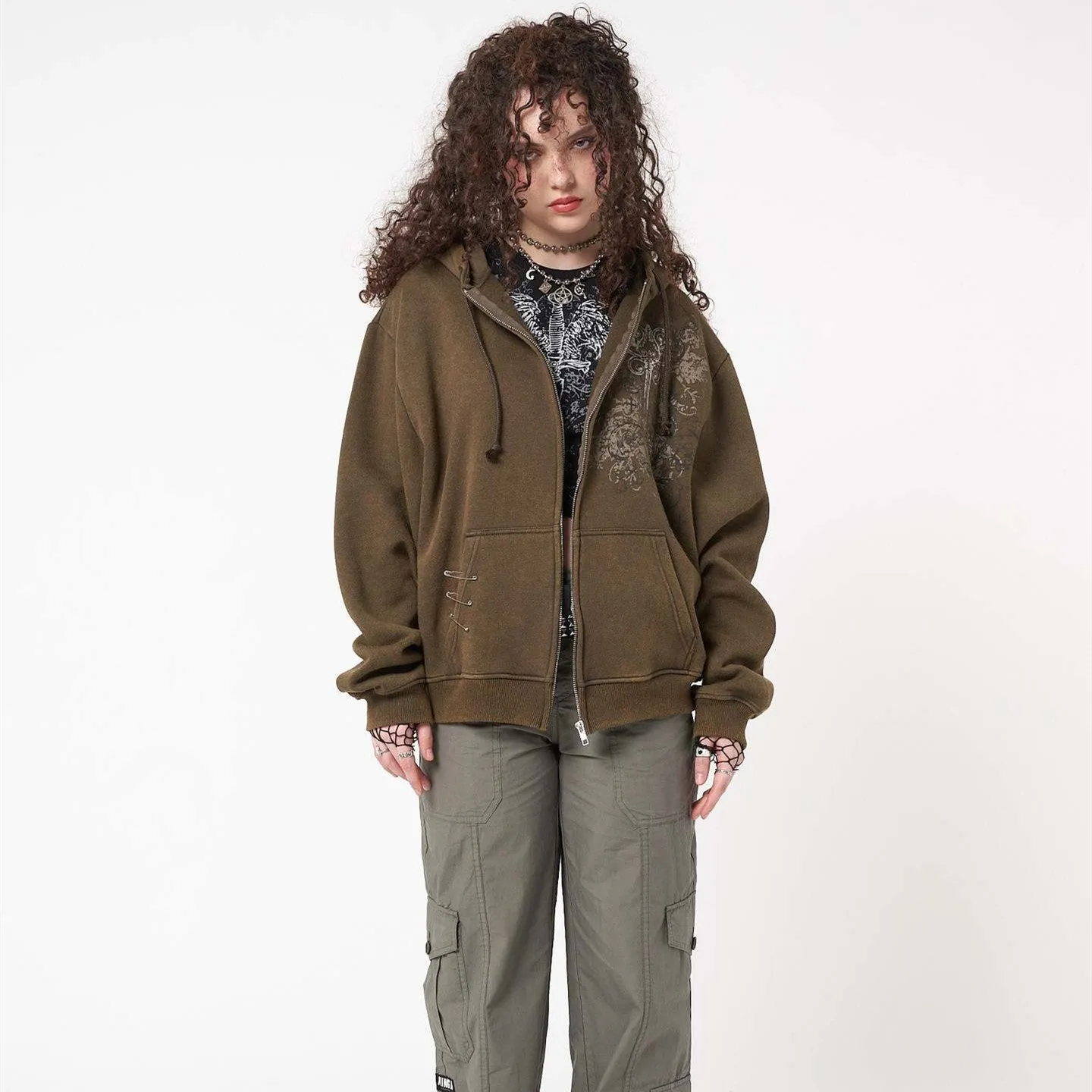 Vintage Totem Print Zip Up Hoodie