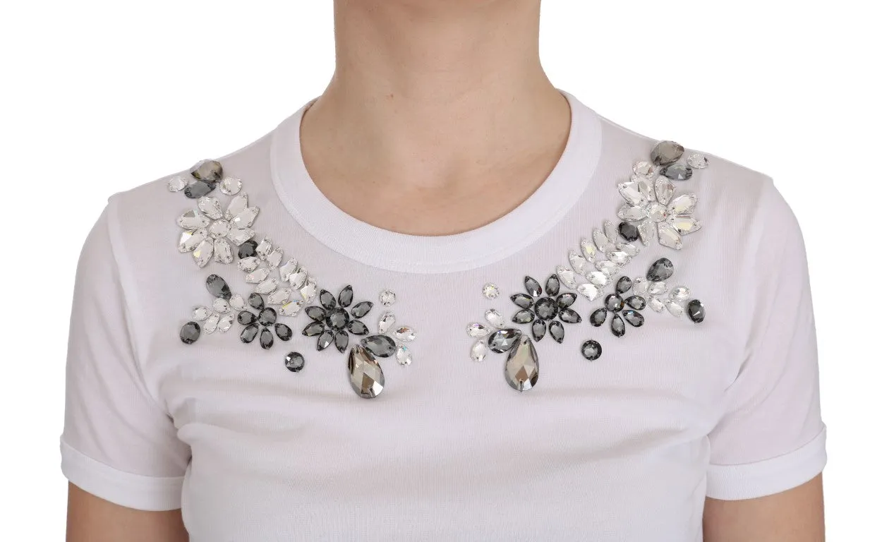 White Cotton Crewneck Crystal T-Shirt